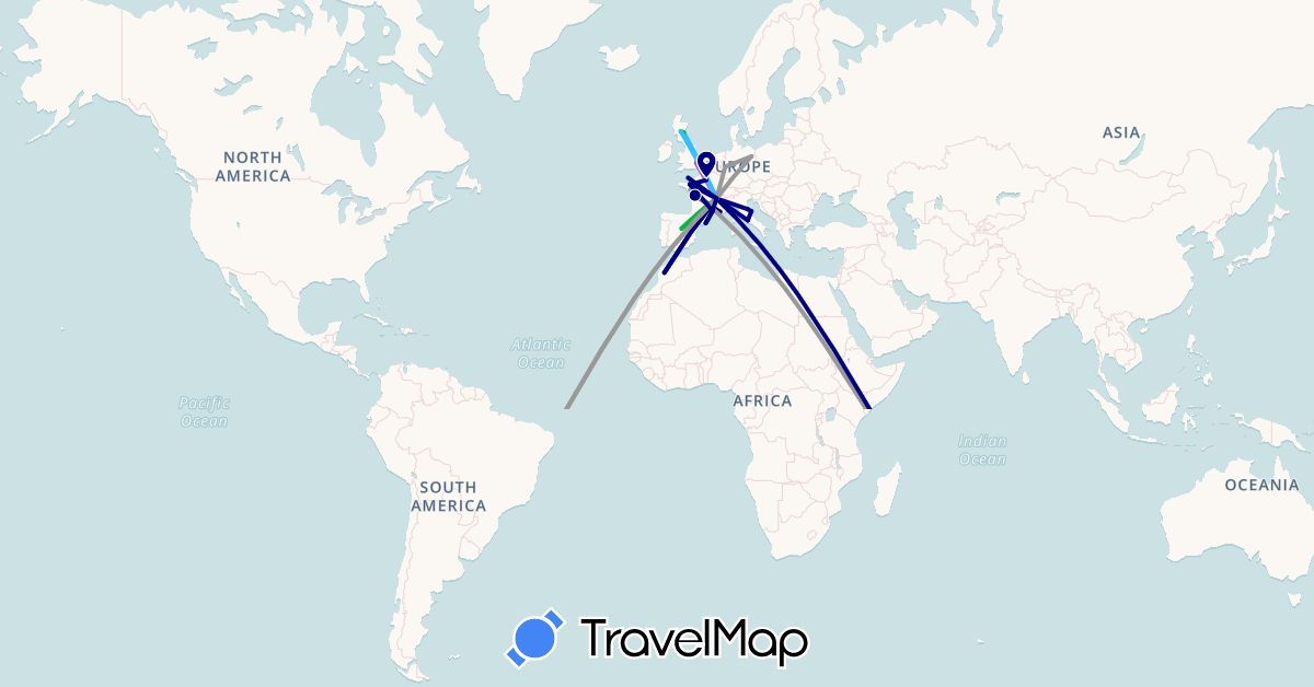 TravelMap itinerary: driving, bus, plane, train, boat in Brazil, Germany, Spain, France, United Kingdom, Italy, Jersey, Morocco, Mauritius, Peru, Réunion, San Marino, Mayotte, South Africa (Africa, Europe, South America)